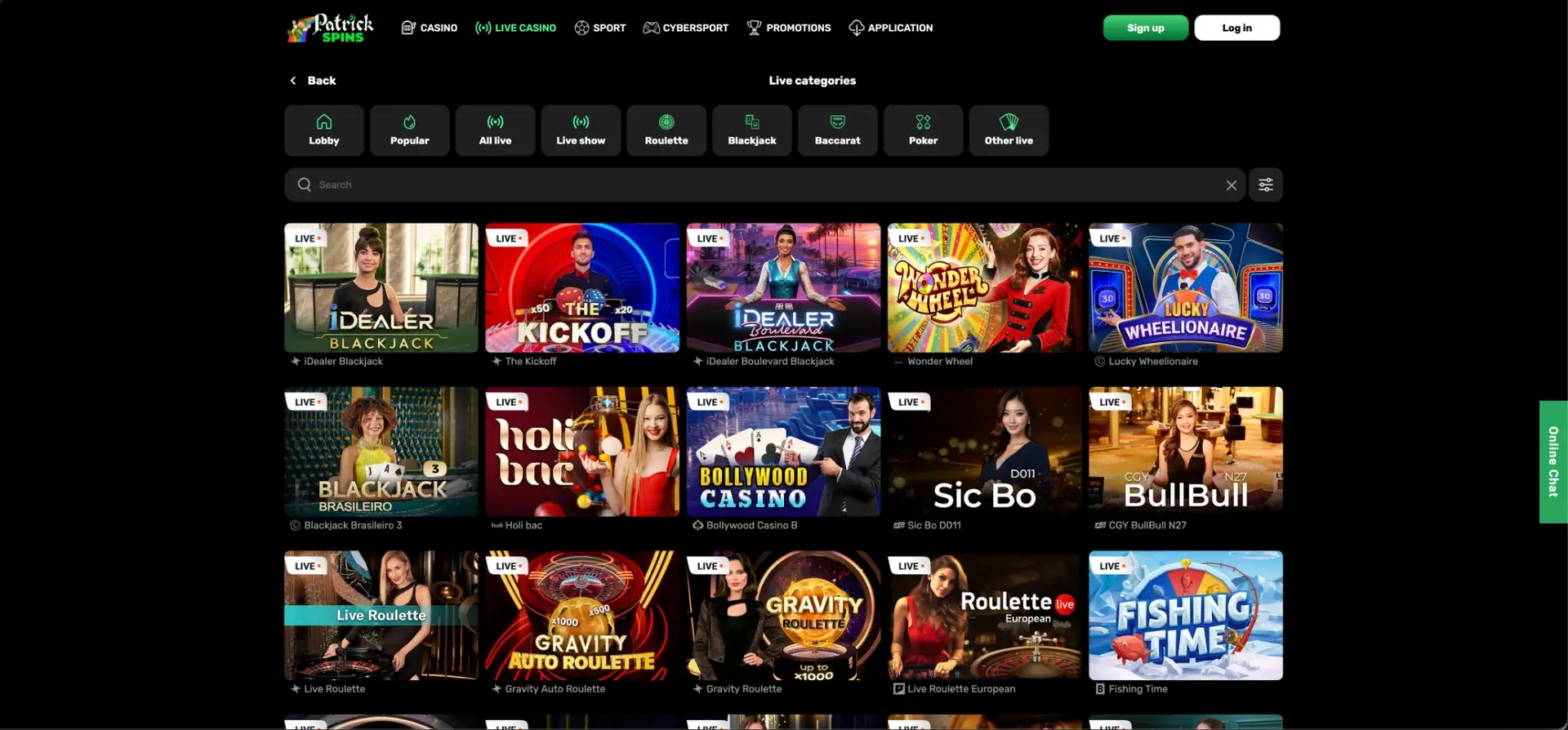 Live casino tables available at Patrick Spins